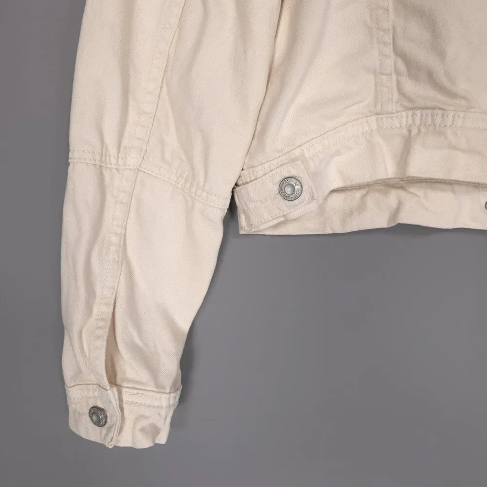 WE THE FREE Women's Denim Jacket SMALL Cream Cropped 100% Cotton Button‎ Front